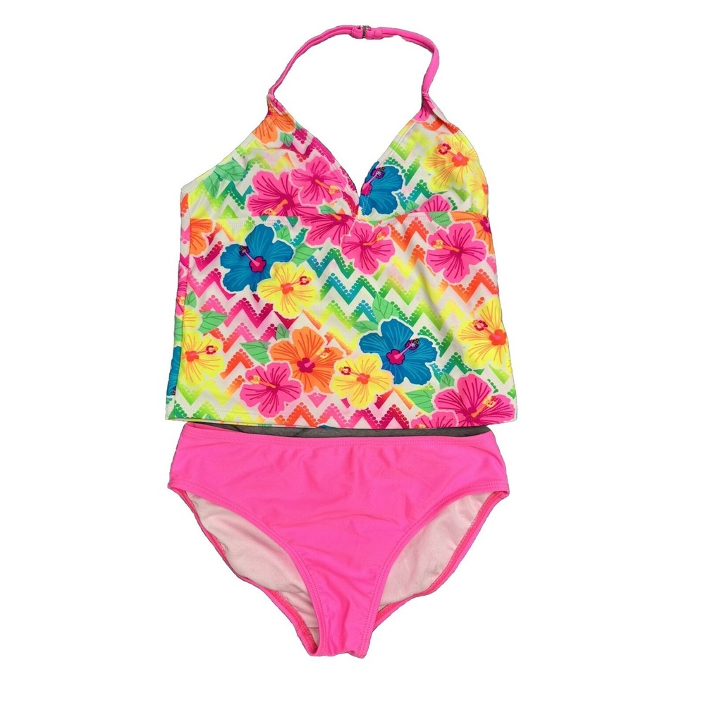 OP- Girls 2 PC SWIMSUIT Tankini Set NEON COLORS Cheveron FLOWERS Tropical 7/8